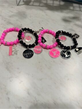 Designer-Inspired Pink & Black Beaded Charm Bracelet Set